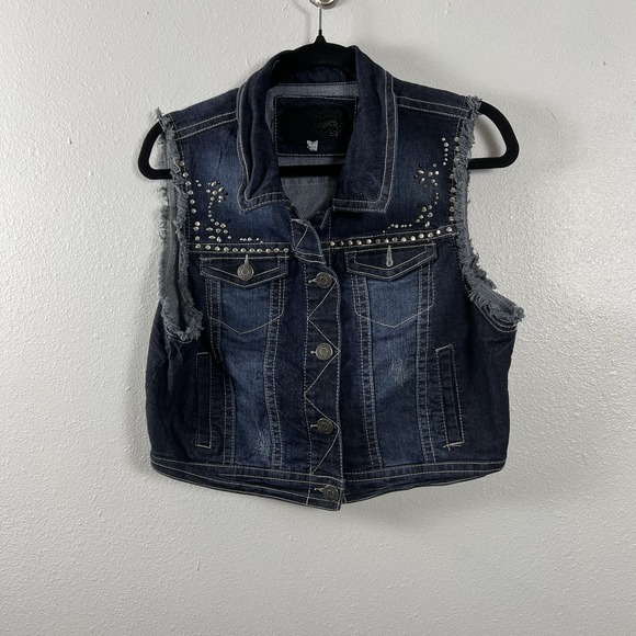 Wallflower Jackets & Blazers - Wallflower Women's XL Dark Wash Studded Denim Vest Frayed Cropped Blue Jacket XL